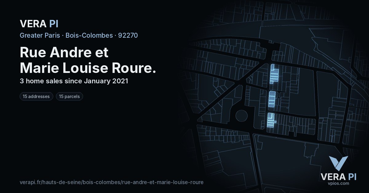 Rue Andre et Marie Louise Roure, Bois-Colombes at night – every parcel coloured by the prices around it, the street's own parcels lit