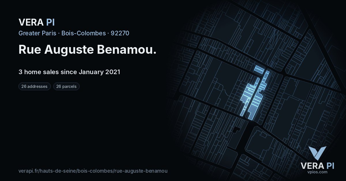 Rue Auguste Benamou, Bois-Colombes at night – every parcel coloured by the prices around it, the street's own parcels lit