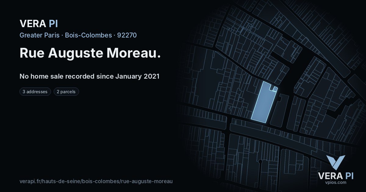 Rue Auguste Moreau, Bois-Colombes at night – every parcel coloured by the prices around it, the street's own parcels lit