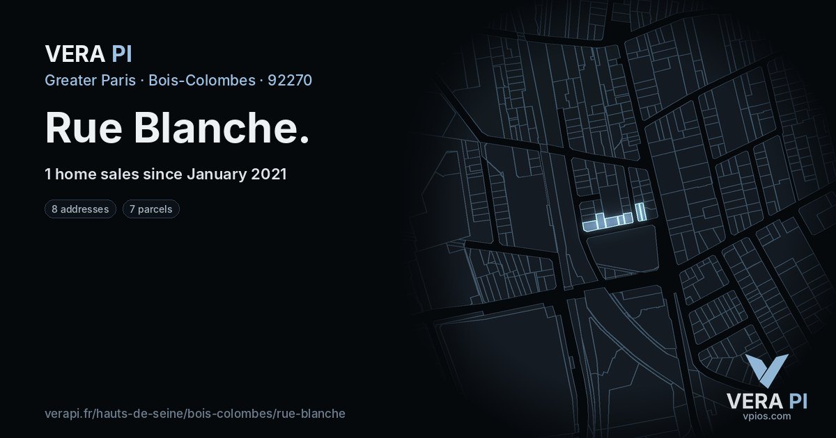 Rue Blanche, Bois-Colombes at night – every parcel coloured by the prices around it, the street's own parcels lit