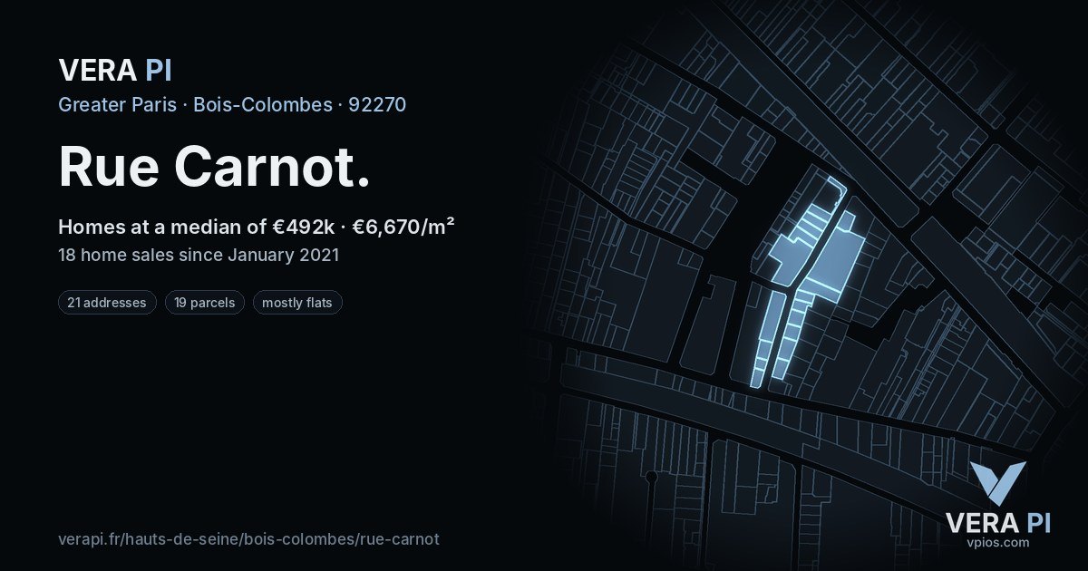 Rue Carnot, Bois-Colombes at night – every parcel coloured by the prices around it, the street's own parcels lit