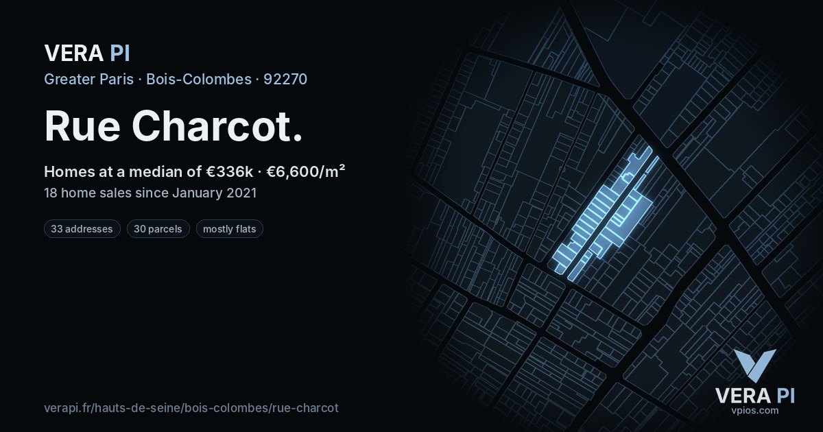Rue Charcot, Bois-Colombes at night – every parcel coloured by the prices around it, the street's own parcels lit