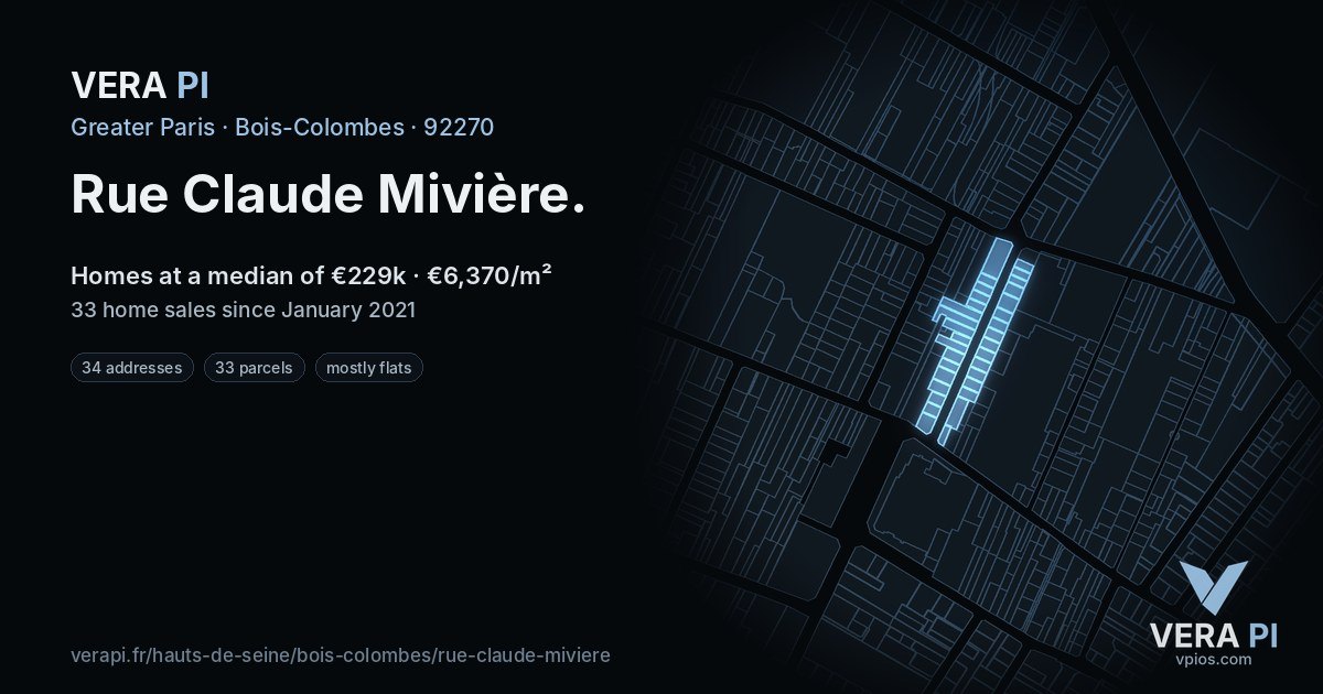 Rue Claude Mivière, Bois-Colombes at night – every parcel coloured by the prices around it, the street's own parcels lit