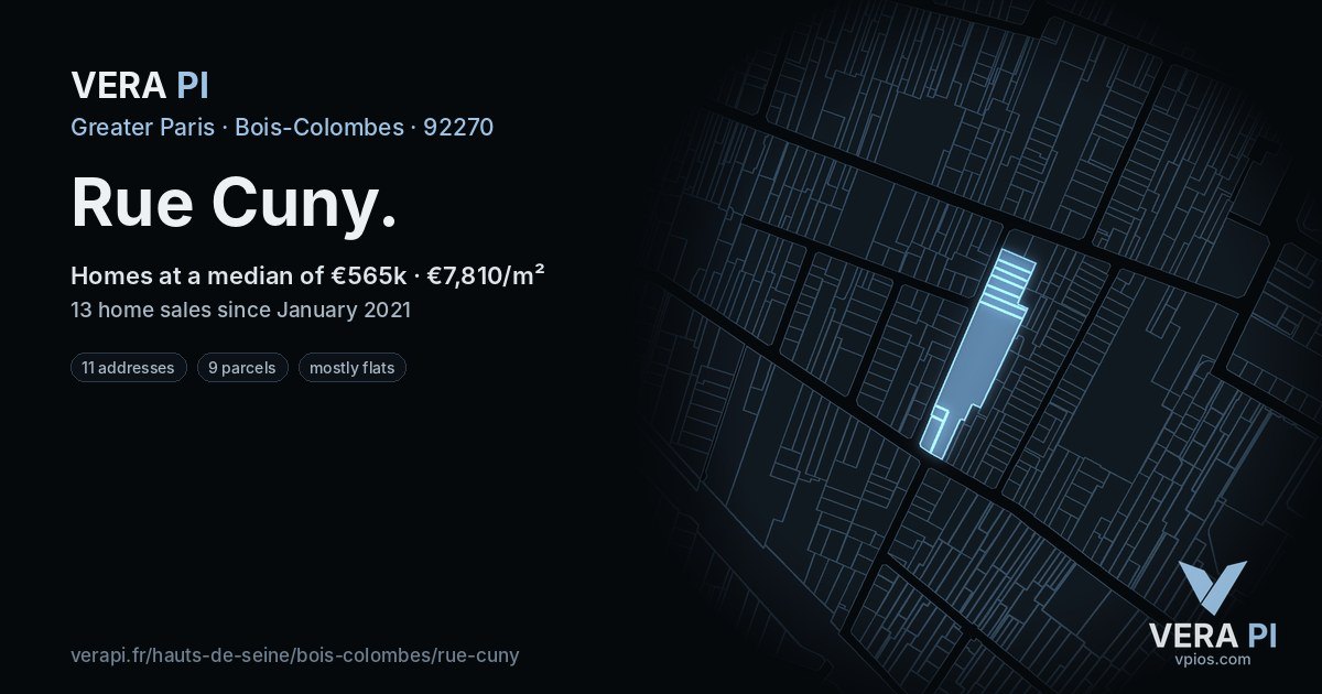 Rue Cuny, Bois-Colombes at night – every parcel coloured by the prices around it, the street's own parcels lit