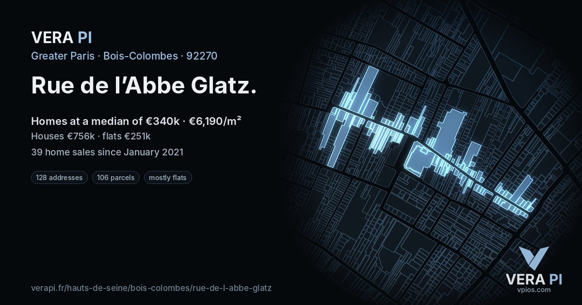 Rue de l’Abbe Glatz, Bois-Colombes at night – every parcel coloured by the prices around it, the street's own parcels lit