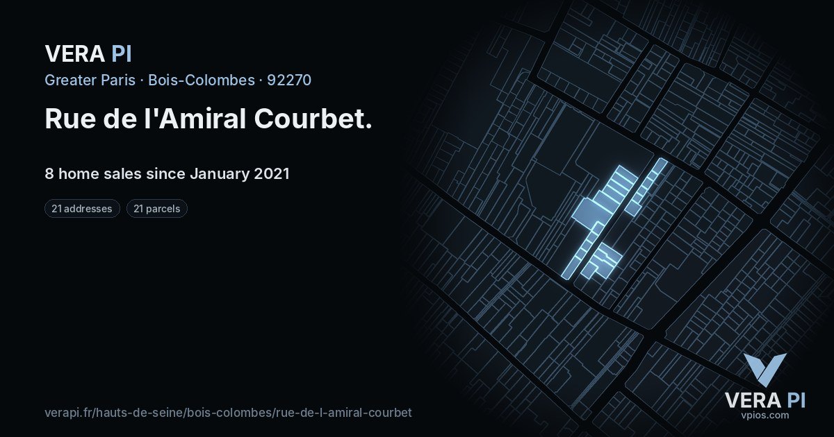 Rue de l'Amiral Courbet, Bois-Colombes at night – every parcel coloured by the prices around it, the street's own parcels lit