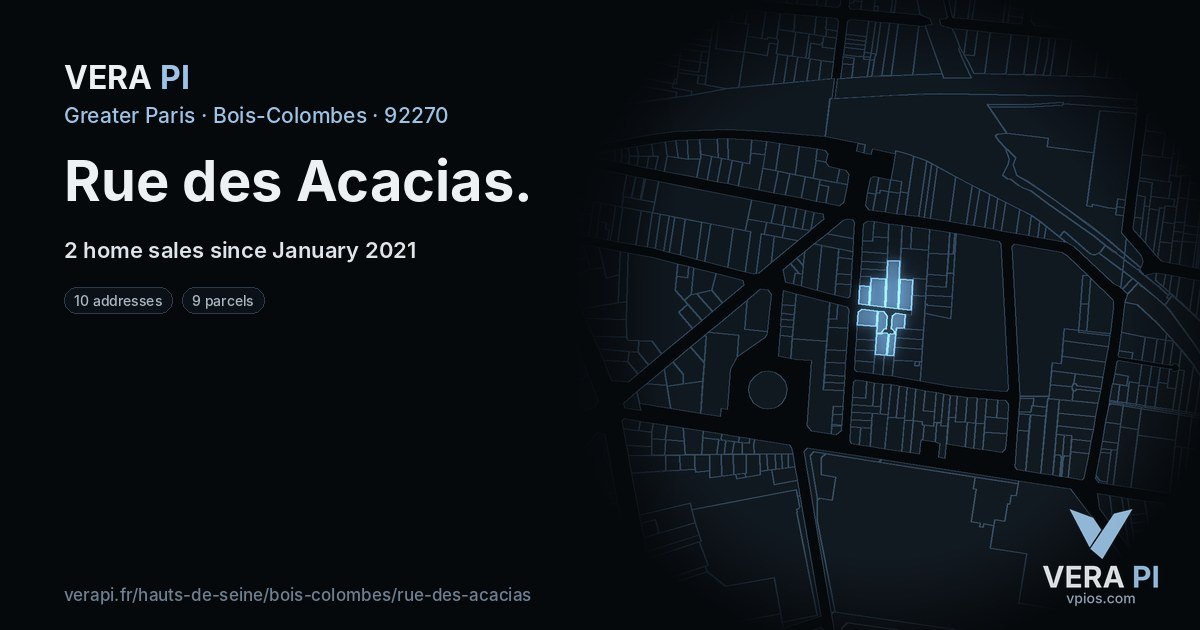 Rue des Acacias, Bois-Colombes at night – every parcel coloured by the prices around it, the street's own parcels lit