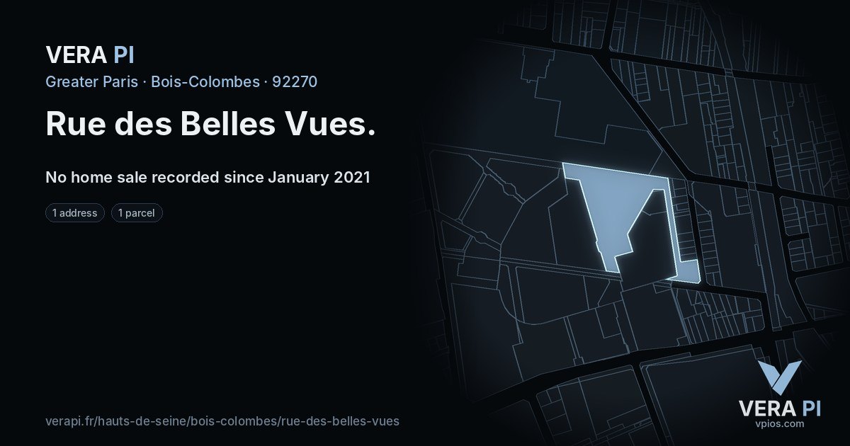 Rue des Belles Vues, Bois-Colombes at night – every parcel coloured by the prices around it, the street's own parcels lit