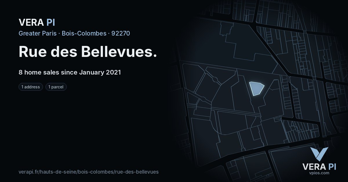 Rue des Bellevues, Bois-Colombes at night – every parcel coloured by the prices around it, the street's own parcels lit