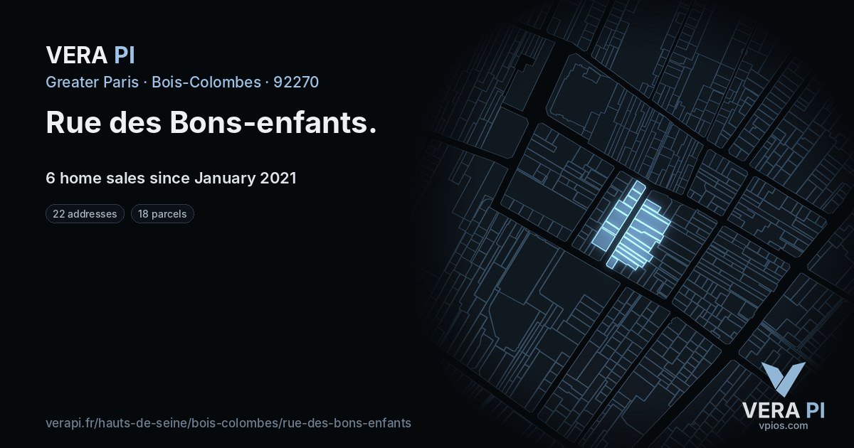 Rue des Bons-enfants, Bois-Colombes at night – every parcel coloured by the prices around it, the street's own parcels lit