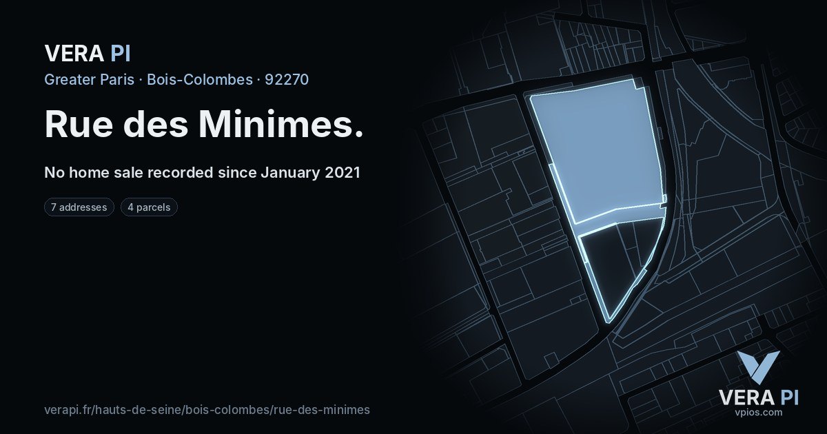 Rue des Minimes, Bois-Colombes at night – every parcel coloured by the prices around it, the street's own parcels lit