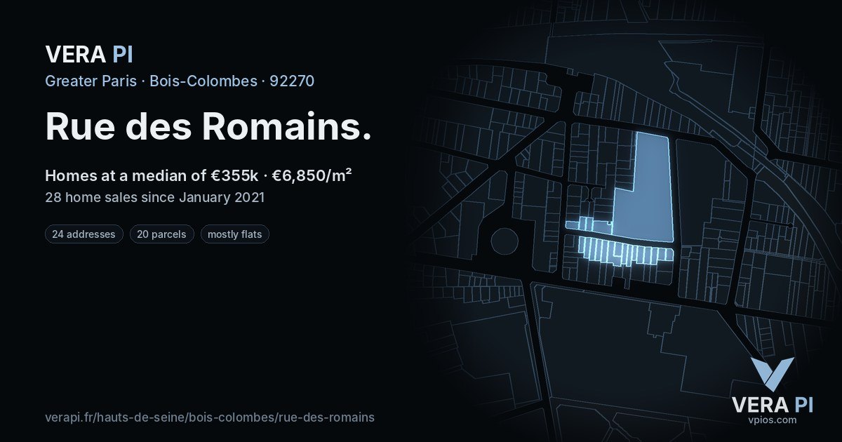 Rue des Romains, Bois-Colombes at night – every parcel coloured by the prices around it, the street's own parcels lit