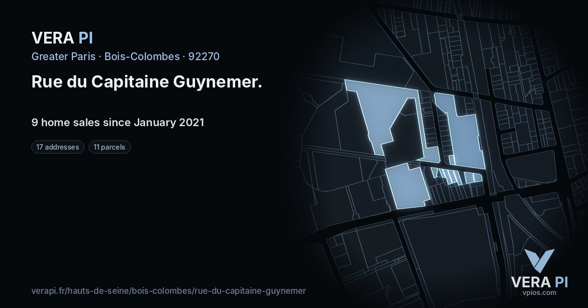 Rue du Capitaine Guynemer, Bois-Colombes at night – every parcel coloured by the prices around it, the street's own parcels lit