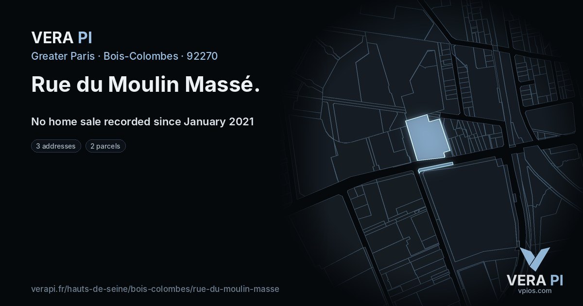Rue du Moulin Massé, Bois-Colombes at night – every parcel coloured by the prices around it, the street's own parcels lit
