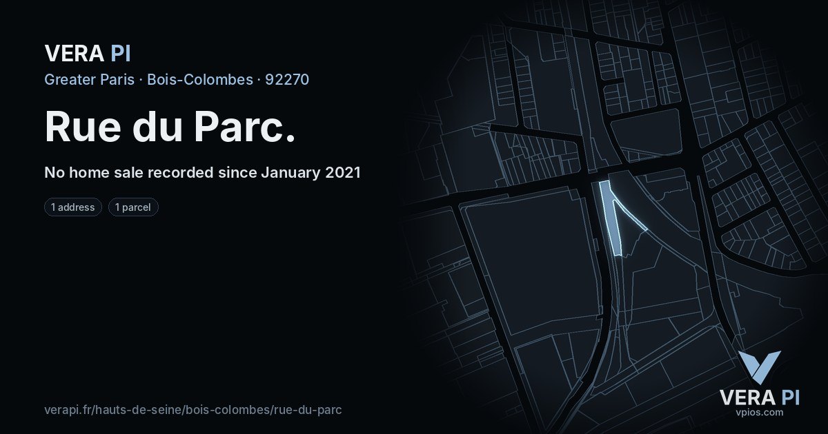 Rue du Parc, Bois-Colombes at night – every parcel coloured by the prices around it, the street's own parcels lit