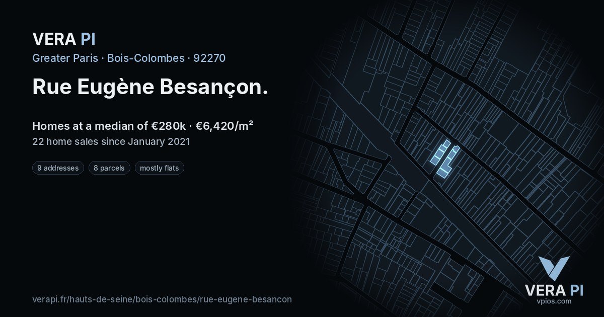 Rue Eugène Besançon, Bois-Colombes at night – every parcel coloured by the prices around it, the street's own parcels lit