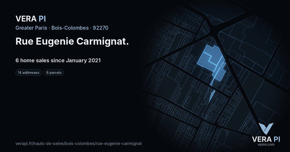 Rue Eugenie Carmignat, Bois-Colombes at night – every parcel coloured by the prices around it, the street's own parcels lit