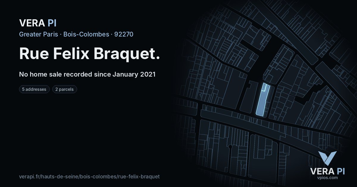 Rue Felix Braquet, Bois-Colombes at night – every parcel coloured by the prices around it, the street's own parcels lit