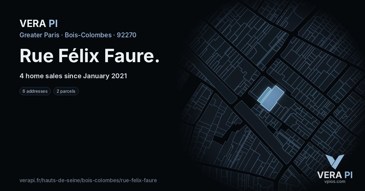 Rue Félix Faure, Bois-Colombes at night – every parcel coloured by the prices around it, the street's own parcels lit