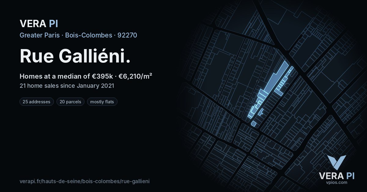 Rue Galliéni, Bois-Colombes at night – every parcel coloured by the prices around it, the street's own parcels lit