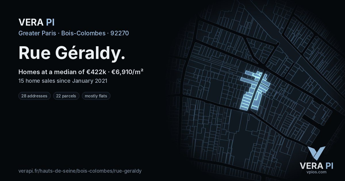 Rue Géraldy, Bois-Colombes at night – every parcel coloured by the prices around it, the street's own parcels lit