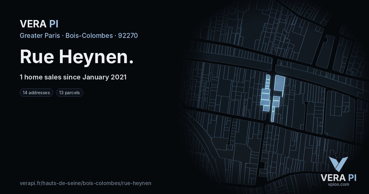 Rue Heynen, Bois-Colombes at night – every parcel coloured by the prices around it, the street's own parcels lit