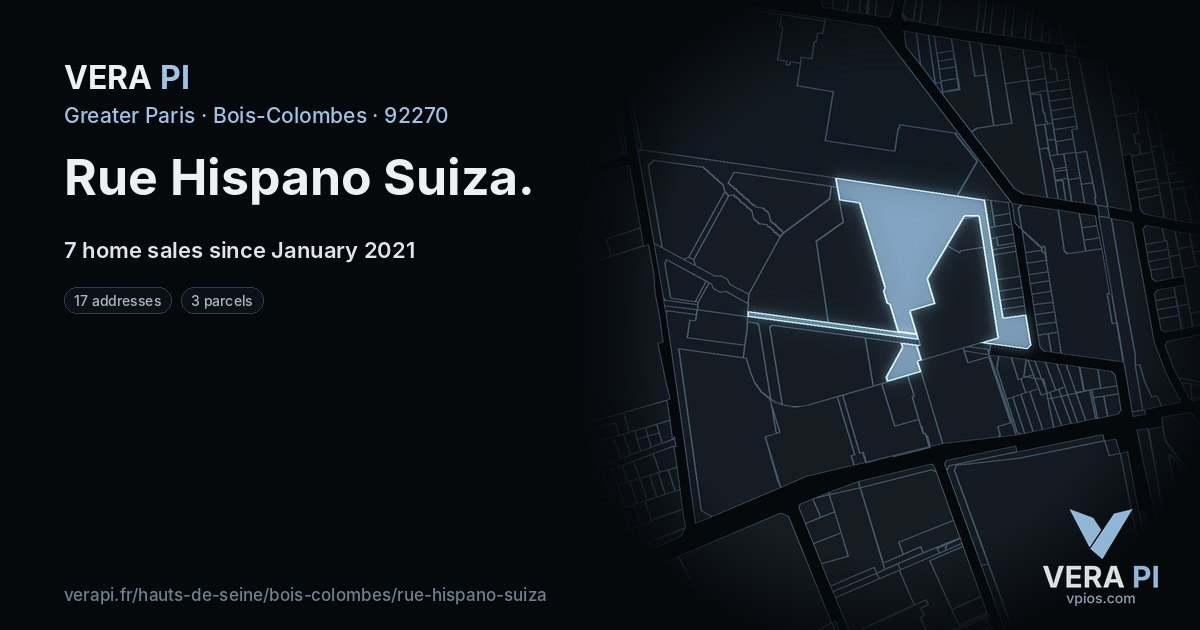 Rue Hispano Suiza, Bois-Colombes at night – every parcel coloured by the prices around it, the street's own parcels lit