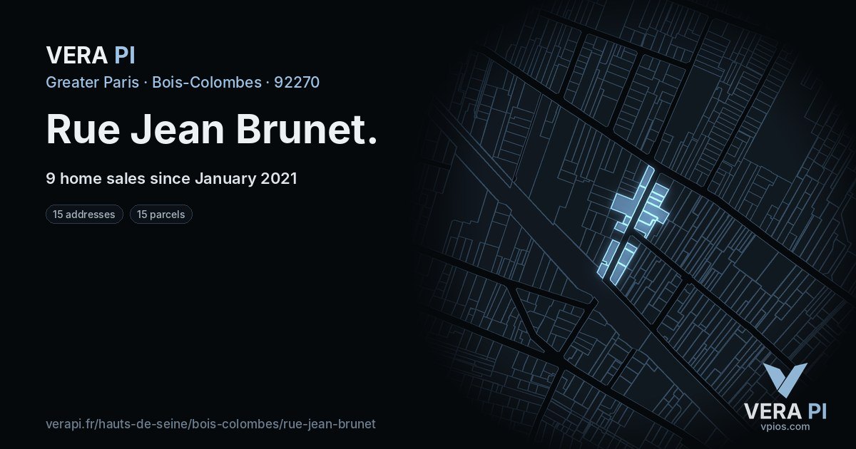 Rue Jean Brunet, Bois-Colombes at night – every parcel coloured by the prices around it, the street's own parcels lit
