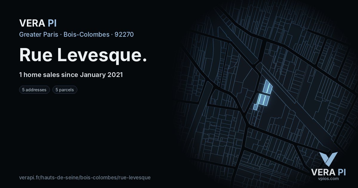 Rue Levesque, Bois-Colombes at night – every parcel coloured by the prices around it, the street's own parcels lit