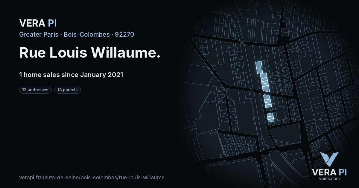 Rue Louis Willaume, Bois-Colombes at night – every parcel coloured by the prices around it, the street's own parcels lit