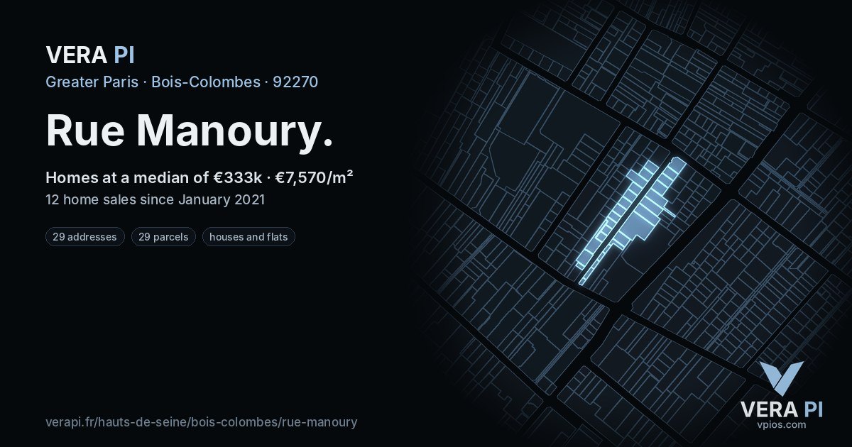 Rue Manoury, Bois-Colombes at night – every parcel coloured by the prices around it, the street's own parcels lit