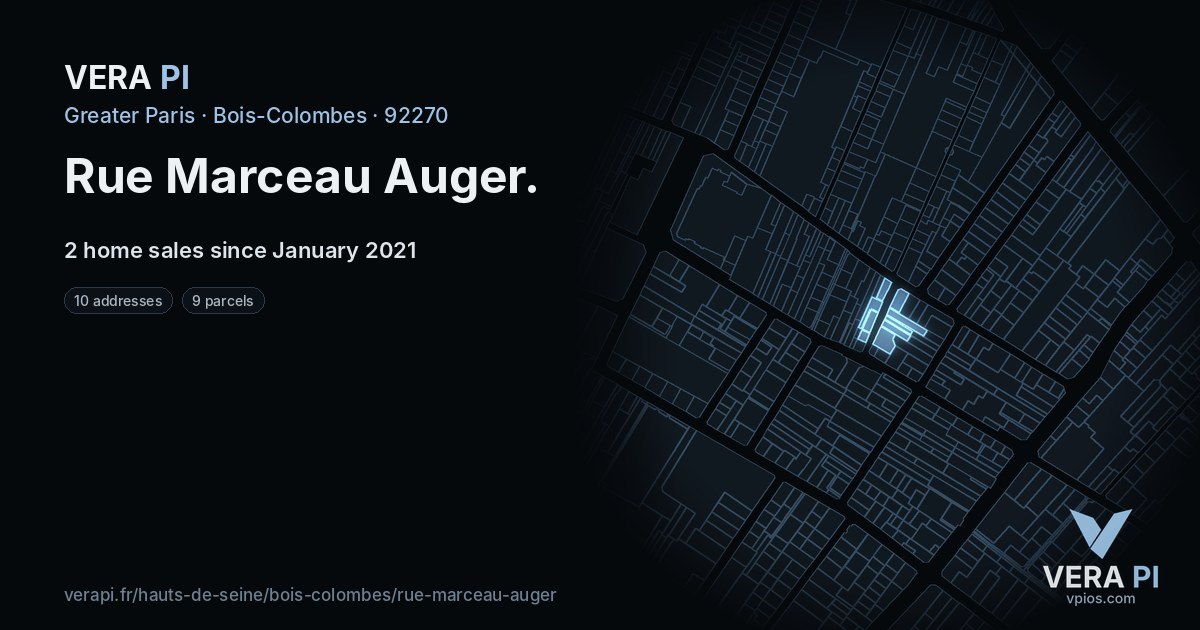 Rue Marceau Auger, Bois-Colombes at night – every parcel coloured by the prices around it, the street's own parcels lit