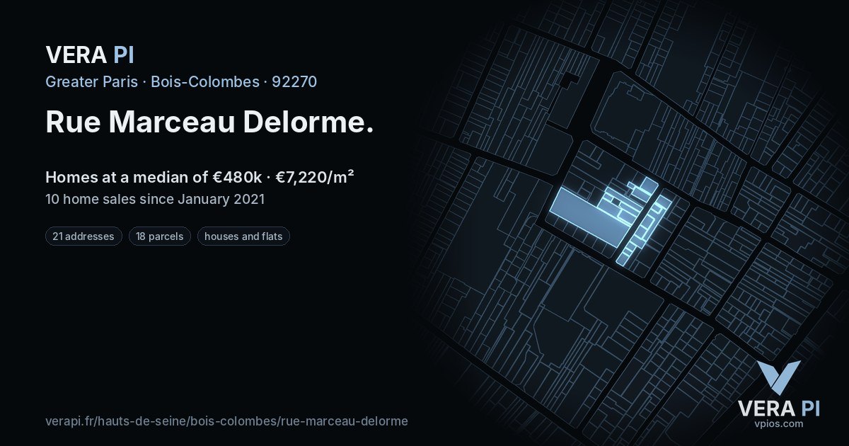 Rue Marceau Delorme, Bois-Colombes at night – every parcel coloured by the prices around it, the street's own parcels lit