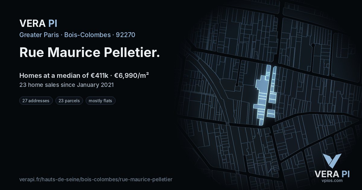 Rue Maurice Pelletier, Bois-Colombes at night – every parcel coloured by the prices around it, the street's own parcels lit
