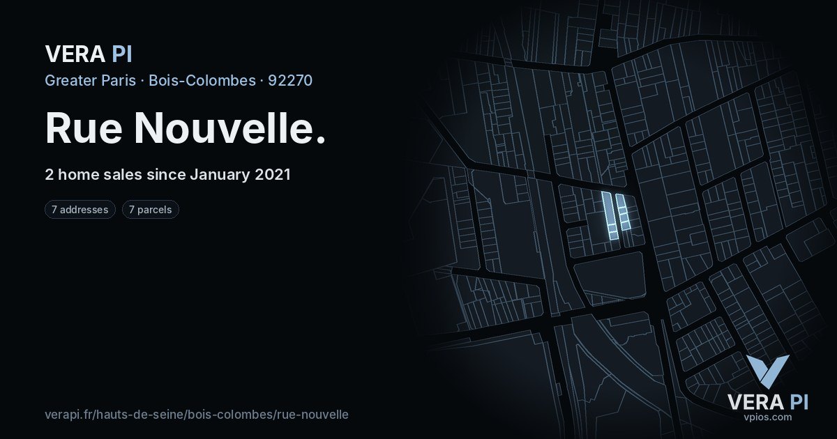 Rue Nouvelle, Bois-Colombes at night – every parcel coloured by the prices around it, the street's own parcels lit