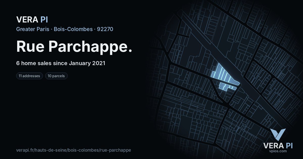 Rue Parchappe, Bois-Colombes at night – every parcel coloured by the prices around it, the street's own parcels lit