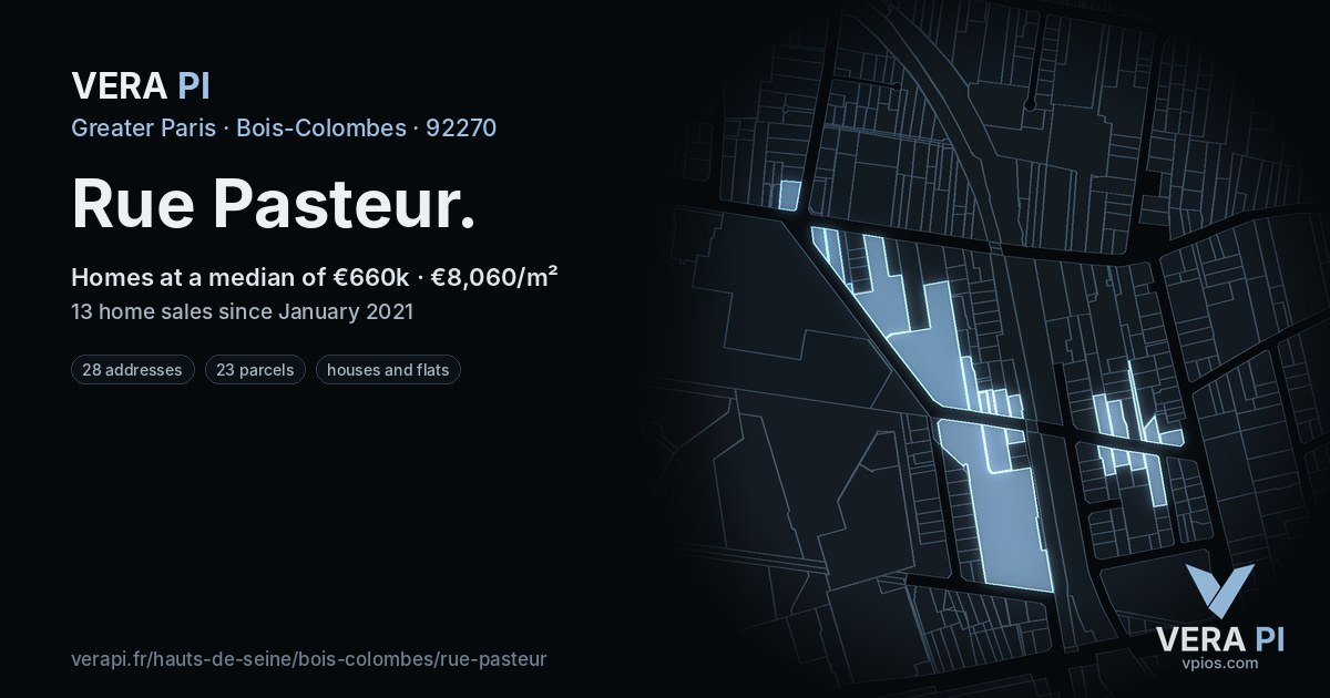 Rue Pasteur, Bois-Colombes at night – every parcel coloured by the prices around it, the street's own parcels lit
