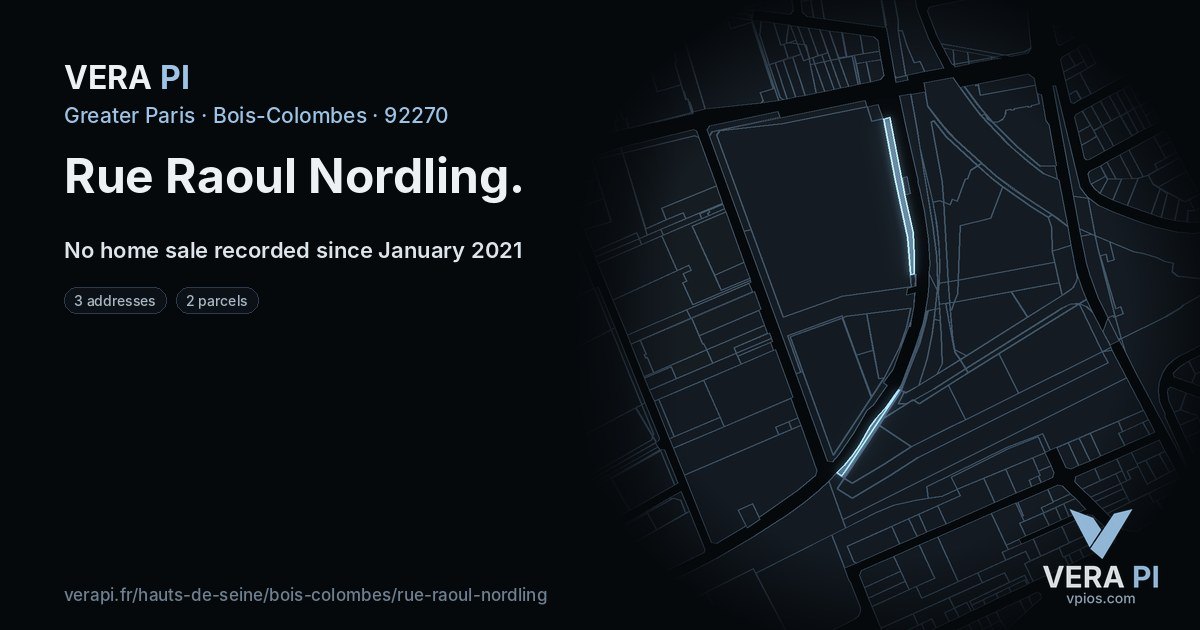 Rue Raoul Nordling, Bois-Colombes at night – every parcel coloured by the prices around it, the street's own parcels lit