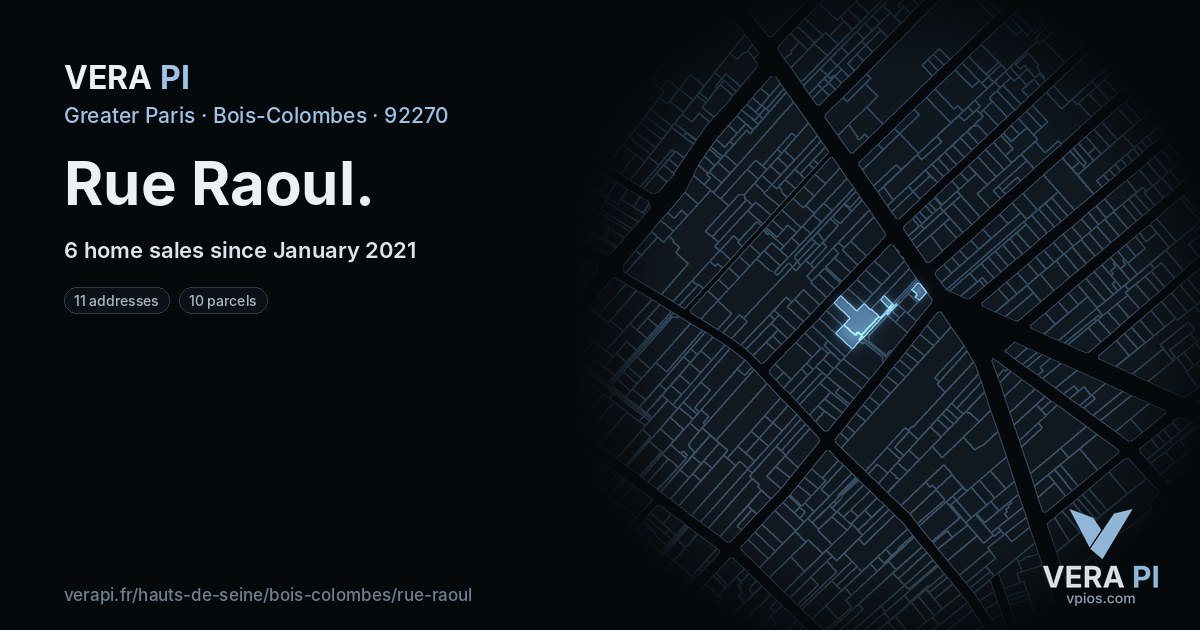Rue Raoul, Bois-Colombes at night – every parcel coloured by the prices around it, the street's own parcels lit