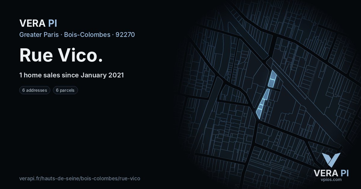 Rue Vico, Bois-Colombes at night – every parcel coloured by the prices around it, the street's own parcels lit