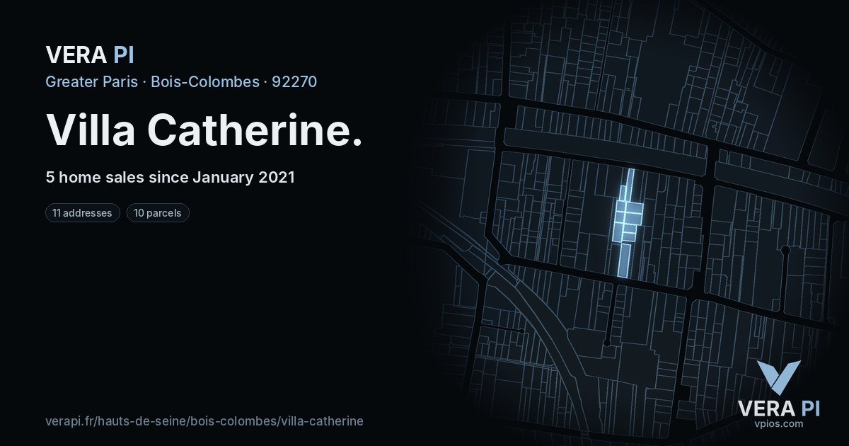 Villa Catherine, Bois-Colombes at night – every parcel coloured by the prices around it, the street's own parcels lit