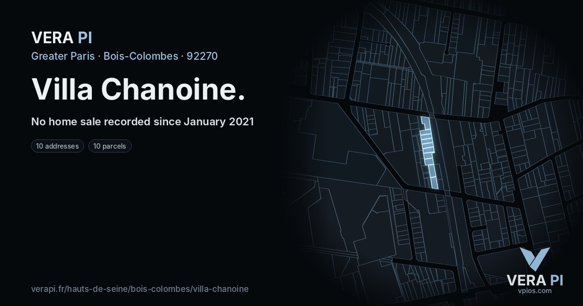 Villa Chanoine, Bois-Colombes at night – every parcel coloured by the prices around it, the street's own parcels lit