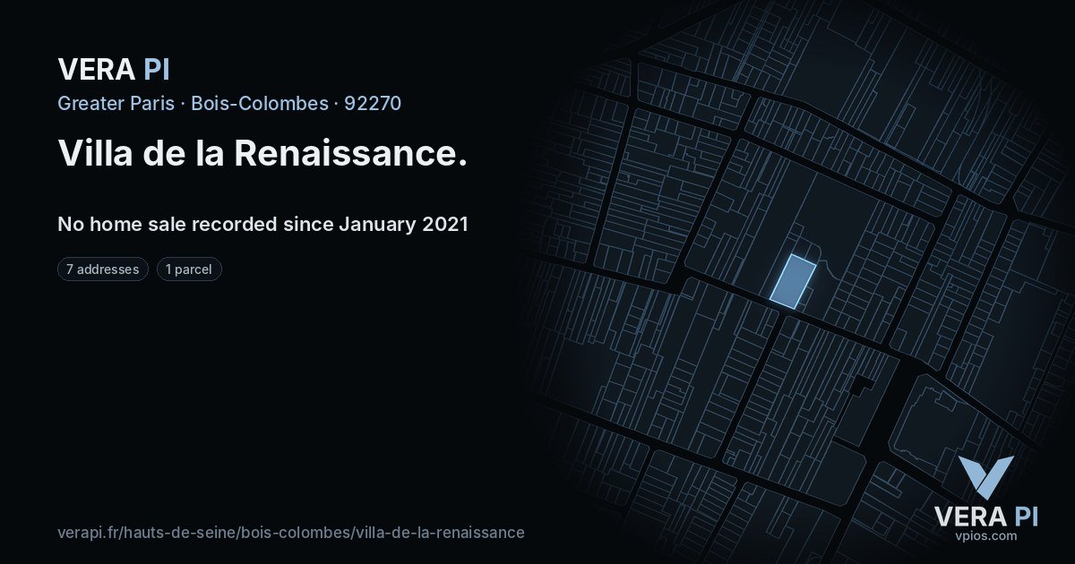 Villa de la Renaissance, Bois-Colombes at night – every parcel coloured by the prices around it, the street's own parcels lit