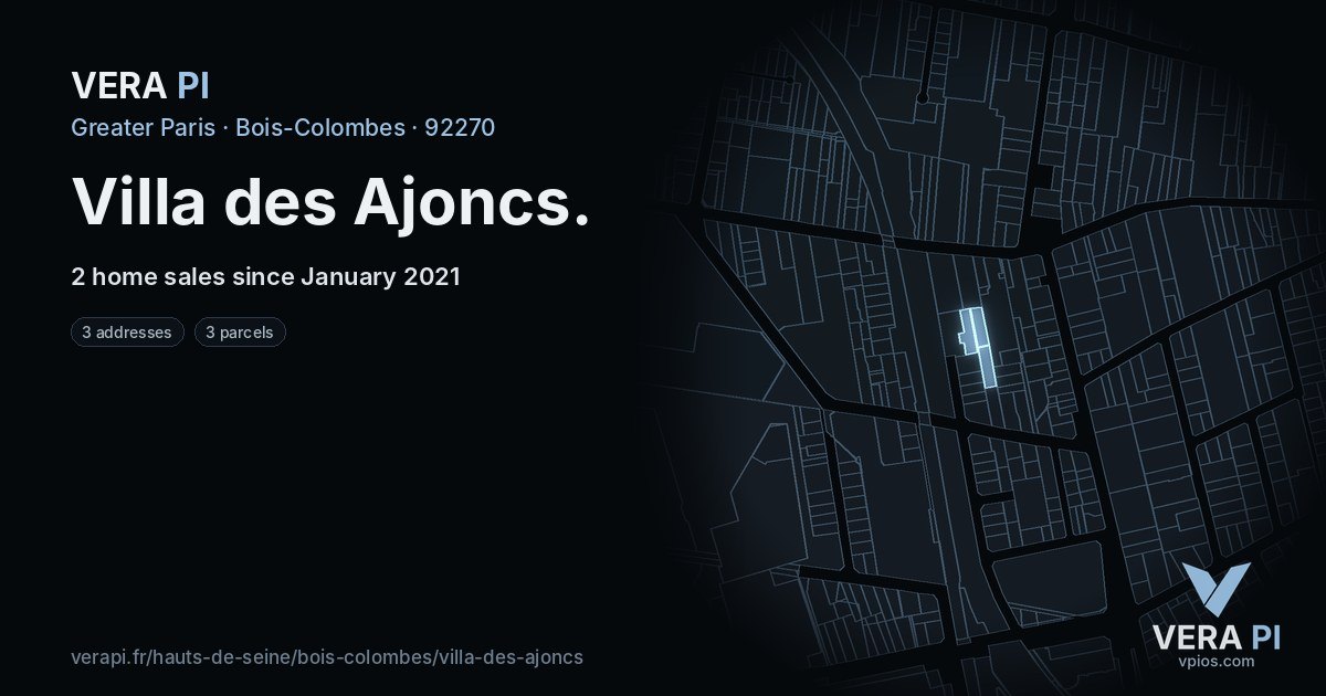 Villa des Ajoncs, Bois-Colombes at night – every parcel coloured by the prices around it, the street's own parcels lit