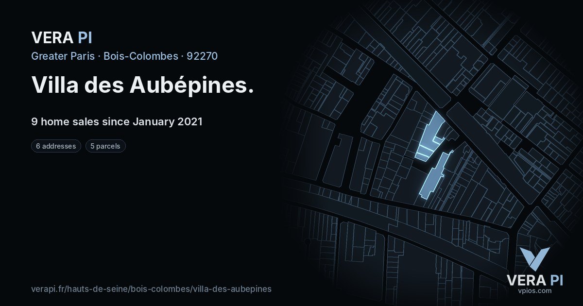 Villa des Aubépines, Bois-Colombes at night – every parcel coloured by the prices around it, the street's own parcels lit