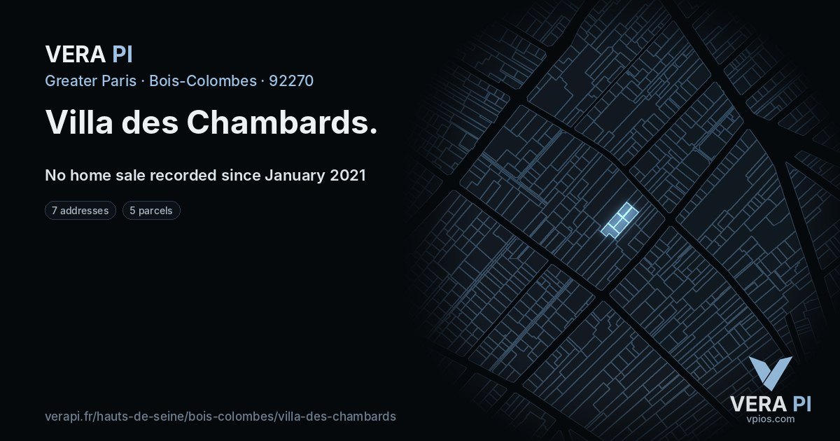Villa des Chambards, Bois-Colombes at night – every parcel coloured by the prices around it, the street's own parcels lit