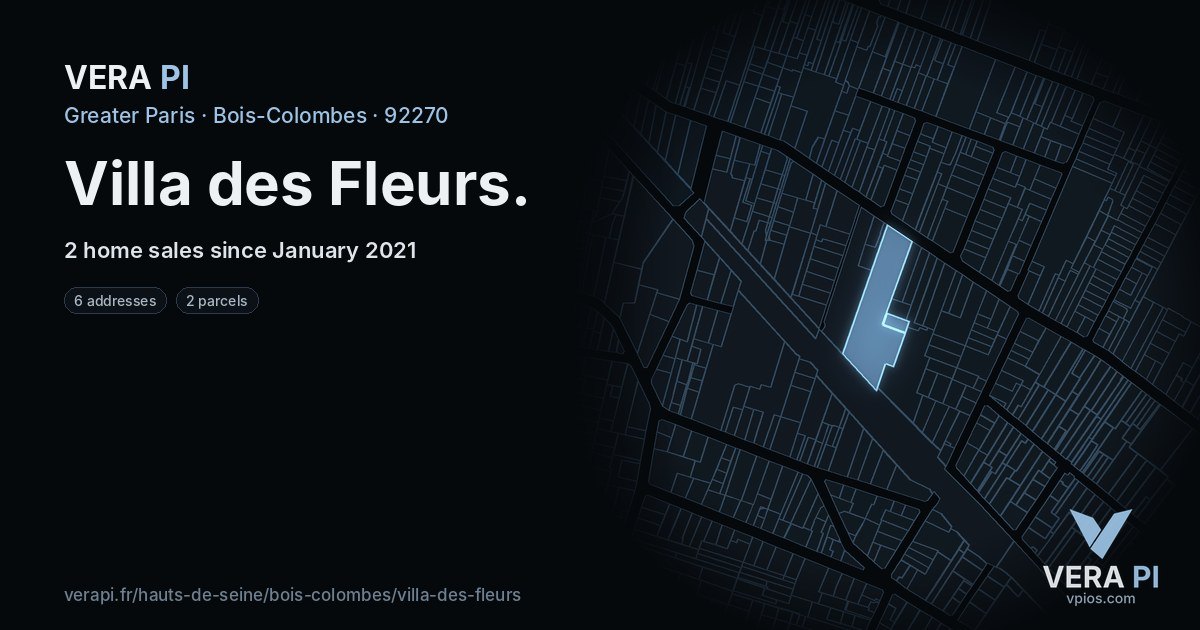 Villa des Fleurs, Bois-Colombes at night – every parcel coloured by the prices around it, the street's own parcels lit