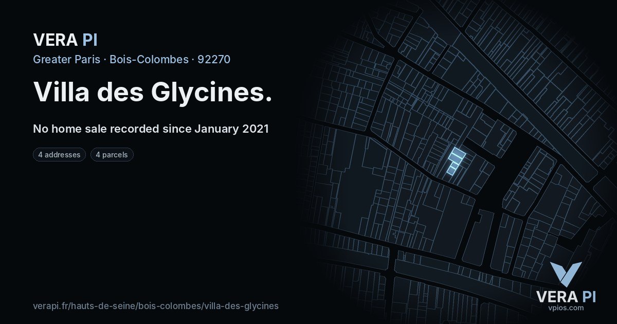 Villa des Glycines, Bois-Colombes at night – every parcel coloured by the prices around it, the street's own parcels lit