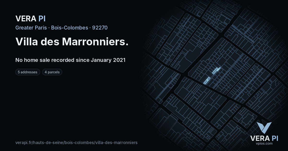 Villa des Marronniers, Bois-Colombes at night – every parcel coloured by the prices around it, the street's own parcels lit