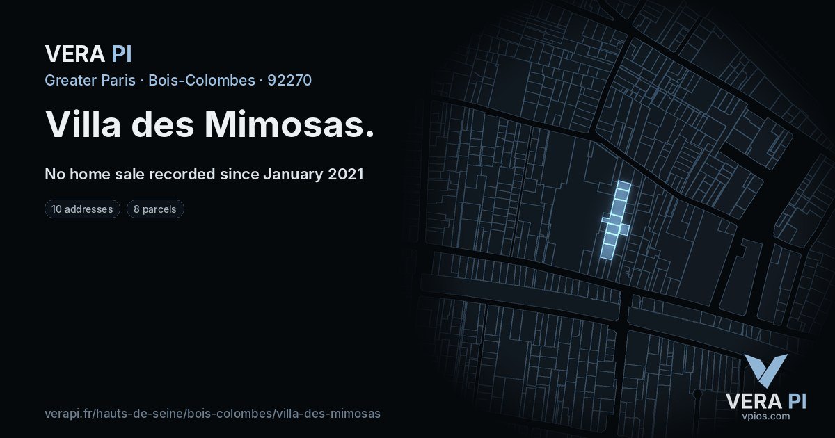 Villa des Mimosas, Bois-Colombes at night – every parcel coloured by the prices around it, the street's own parcels lit